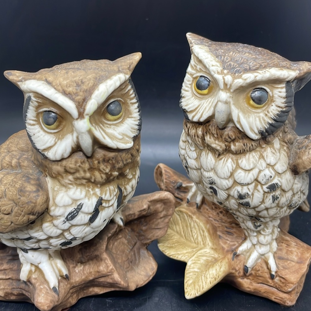 Vintage 70’s HOMCO pair Owl Figurines Bisque Ceramic Woodland Decor Set of 2